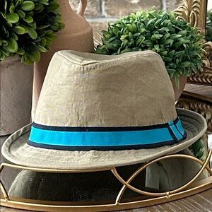 Boys Tan Fedora Hat with Bright Blue & Navy Band Size Large